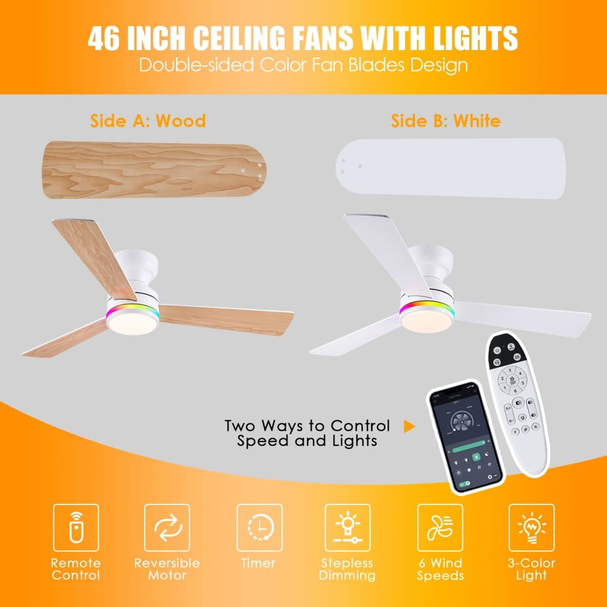 46" 3-Blade White Low Profile RGB Ceiling Fan with Light and Remote/APP thumbnail 3