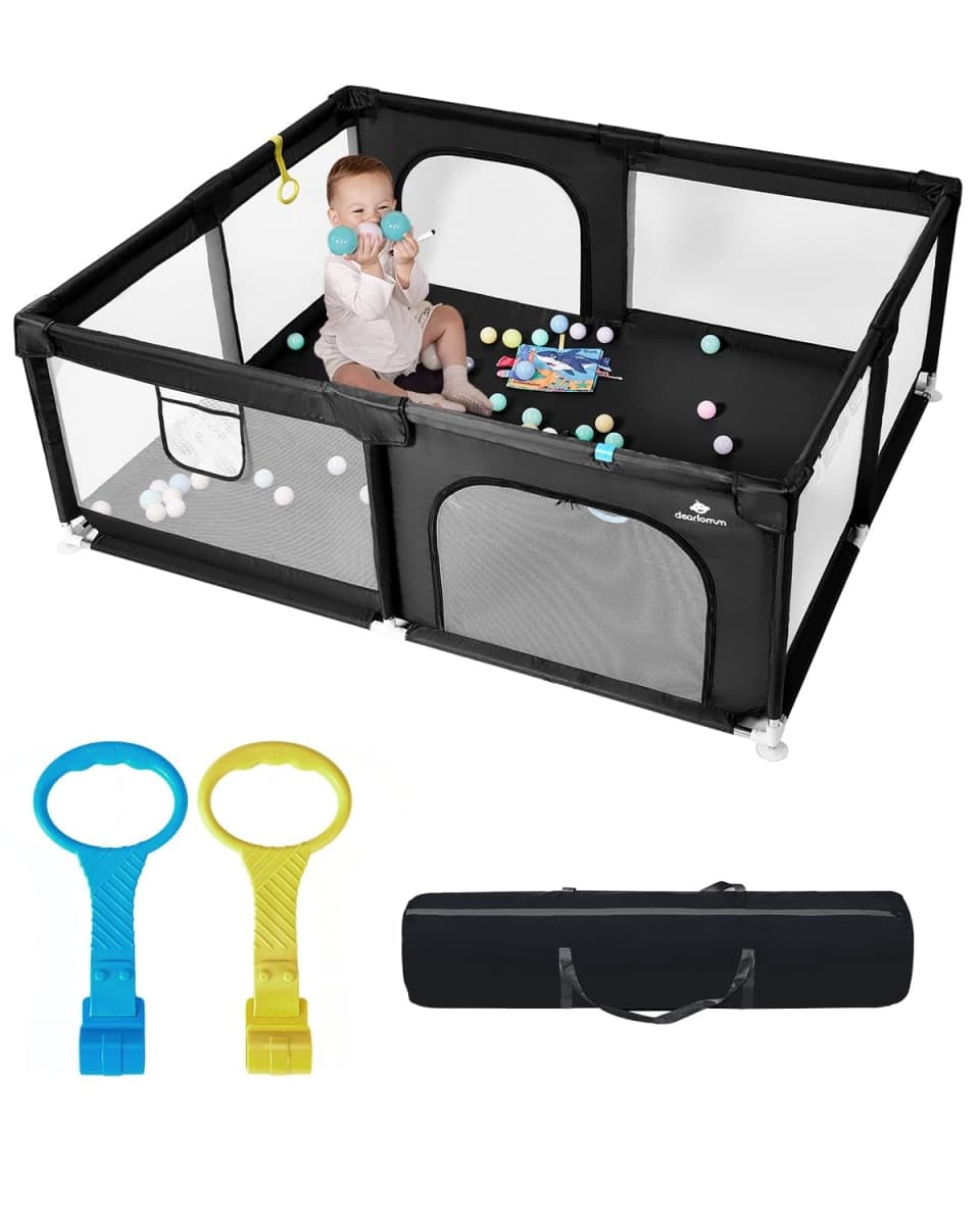 Dearlomum Extra Large Baby Playpen - 71"x59" With Gate, Activity Center for 0-12 Months, Sturdy Safety Playard With Soft Mesh (Black)