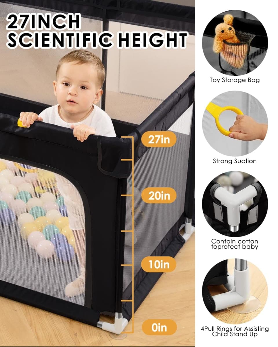 Dearlomum Extra Large Baby Playpen - 71"x59" With Gate, Activity Center for 0-12 Months, Sturdy Safety Playard With Soft Mesh (Black) thumbnail 3