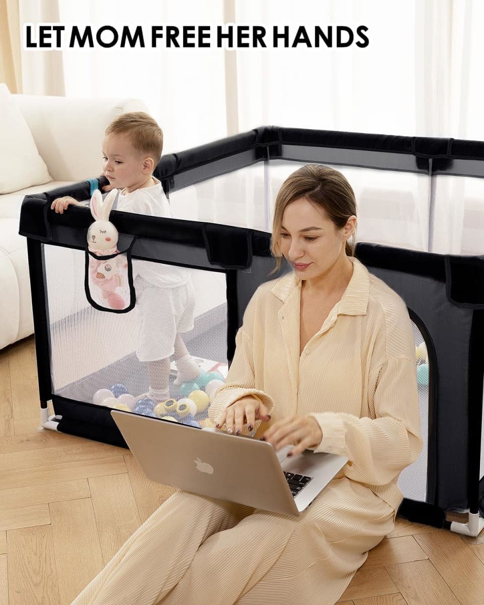 Dearlomum Extra Large Baby Playpen - 71"x59" With Gate, Activity Center for 0-12 Months, Sturdy Safety Playard With Soft Mesh (Black) thumbnail 5