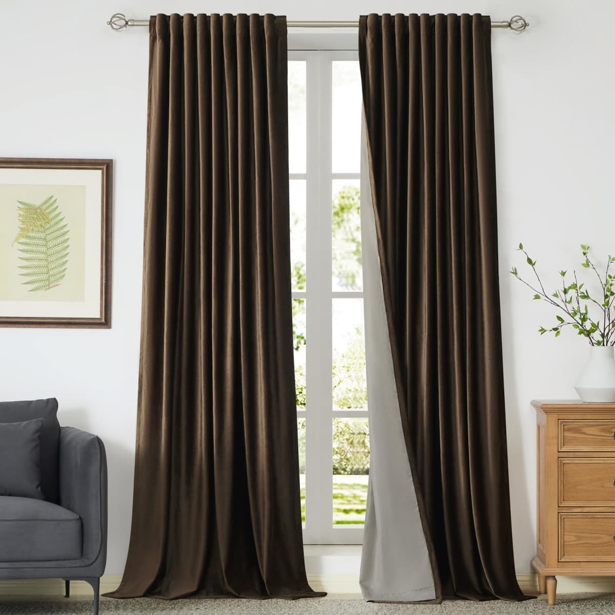 100% Full Blackout Brown Velvet Curtains 96 inch Long for Living Room,Set of 2 Liner Rod Pocket Back Tab Thermal Window Curtains Room Darkening Heavy Decorative Curtains Drapes for Bedroom