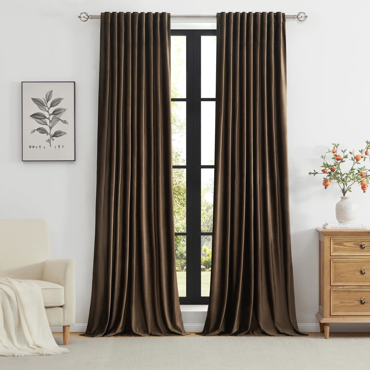 100% Full Blackout Brown Velvet Curtains 96 inch Long for Living Room,Set of 2 Liner Rod Pocket Back Tab Thermal Window Curtains Room Darkening Heavy Decorative Curtains Drapes for Bedroom thumbnail 3