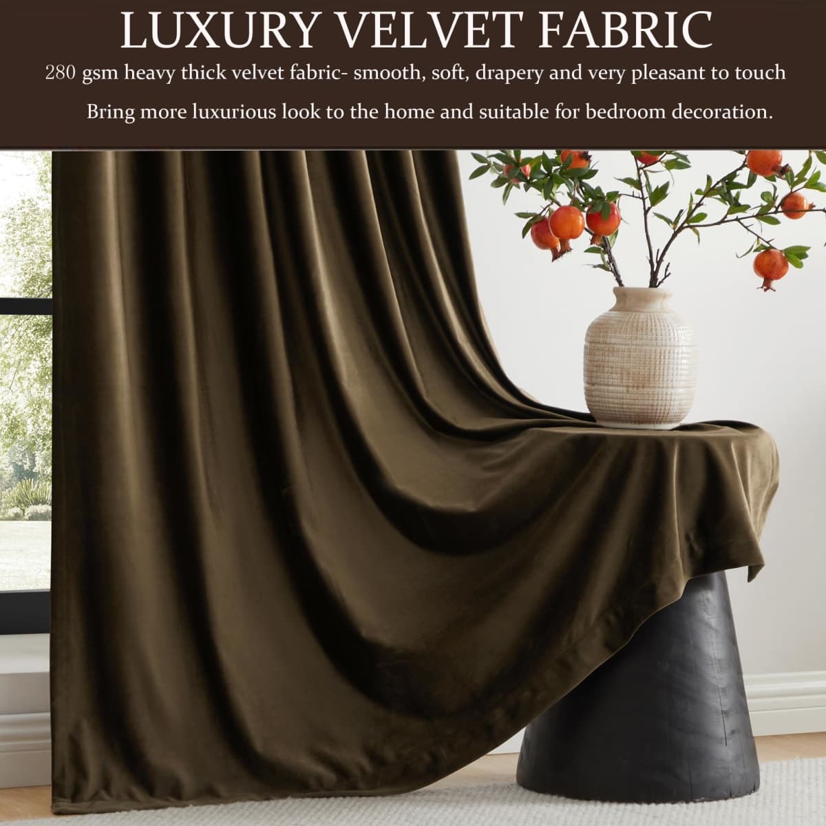 100% Full Blackout Brown Velvet Curtains 96 inch Long for Living Room,Set of 2 Liner Rod Pocket Back Tab Thermal Window Curtains Room Darkening Heavy Decorative Curtains Drapes for Bedroom thumbnail 4