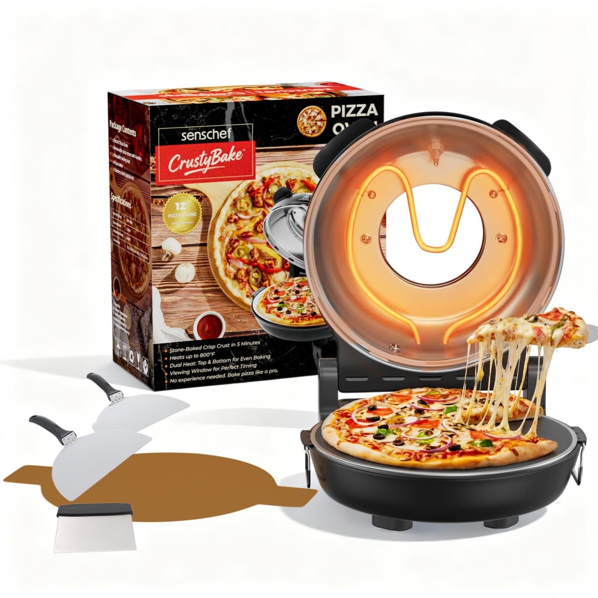 SEMSCHEF 12-Inch CrustyBake Beginner's Glazed Stone Pizza Oven: Quick 800°F Heating, Easy-Clean Design, Recipe Book & All Tools Included - Perfect for First-Time Pizza Makers at Home — image 1