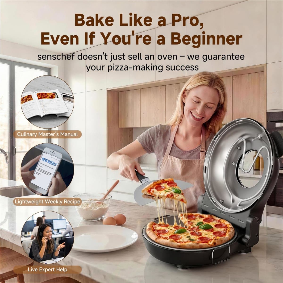 SEMSCHEF 12-Inch CrustyBake Beginner's Glazed Stone Pizza Oven: Quick 800°F Heating, Easy-Clean Design, Recipe Book & All Tools Included - Perfect for First-Time Pizza Makers at Home thumbnail 4