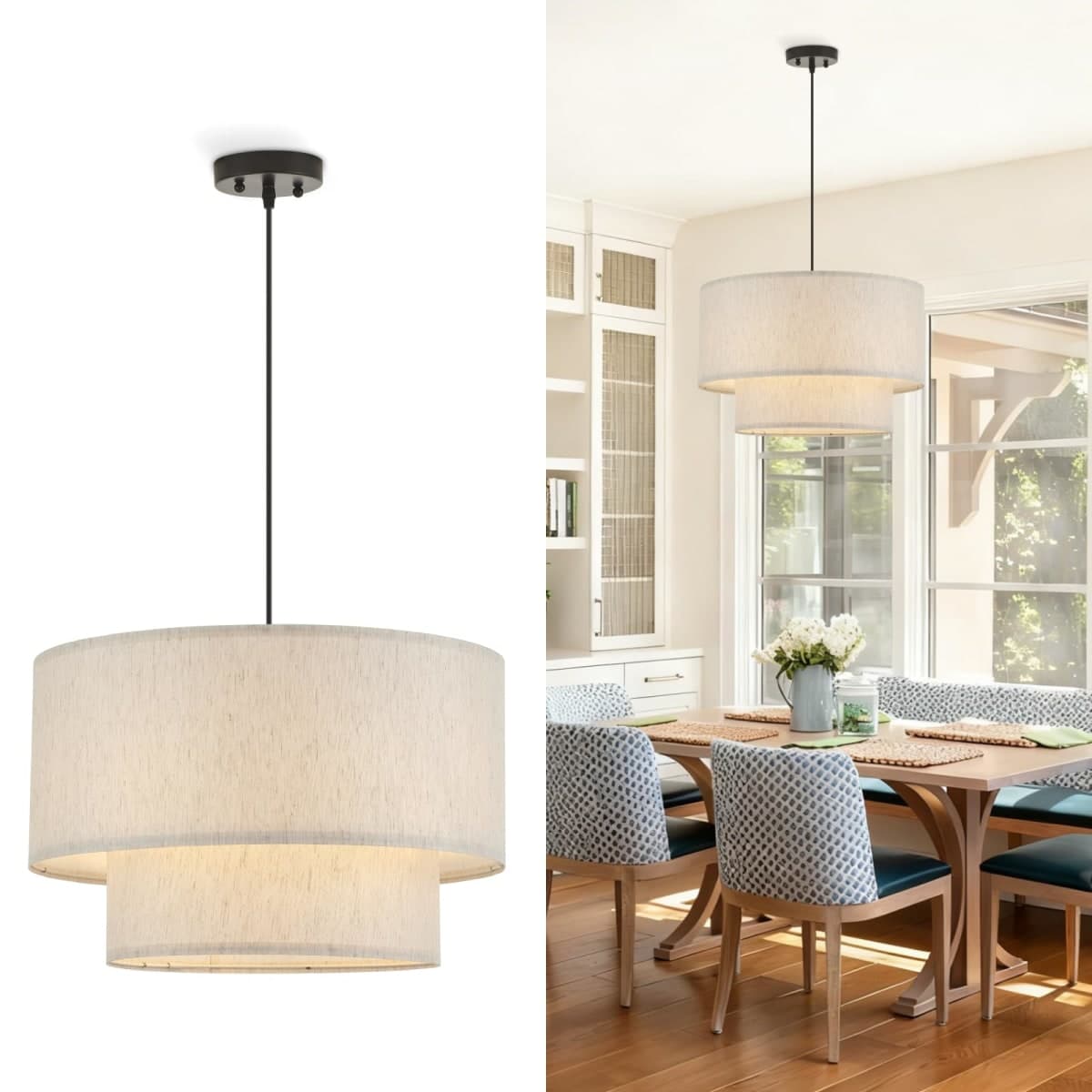 VILUXY Drum Fabric Pendant Light Farmhouse White Chandelier Double Drum Shade Hanging Ceiling Light Fixture 3 Lights Linen for Bedroom Dining Room Living Room Entryway
