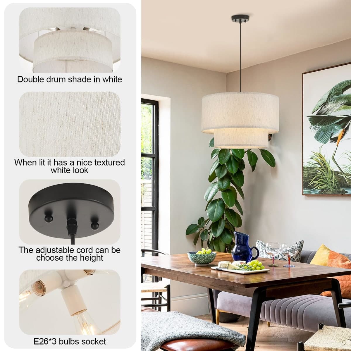 VILUXY Drum Fabric Pendant Light Farmhouse White Chandelier Double Drum Shade Hanging Ceiling Light Fixture 3 Lights Linen for Bedroom Dining Room Living Room Entryway thumbnail 3