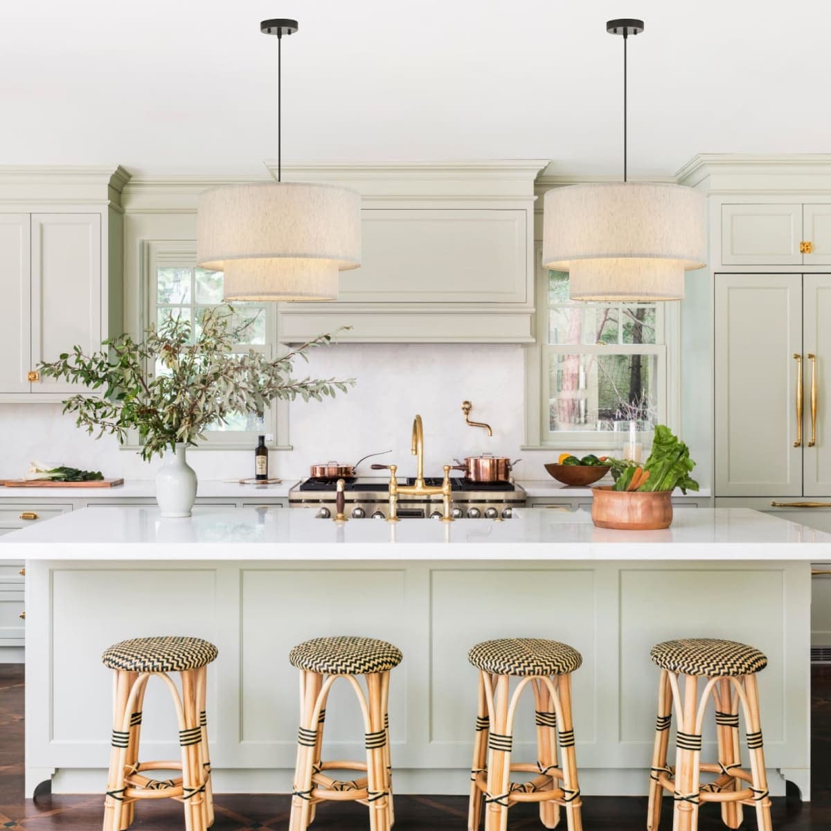 VILUXY Drum Fabric Pendant Light Farmhouse White Chandelier Double Drum Shade Hanging Ceiling Light Fixture 3 Lights Linen for Bedroom Dining Room Living Room Entryway thumbnail 5