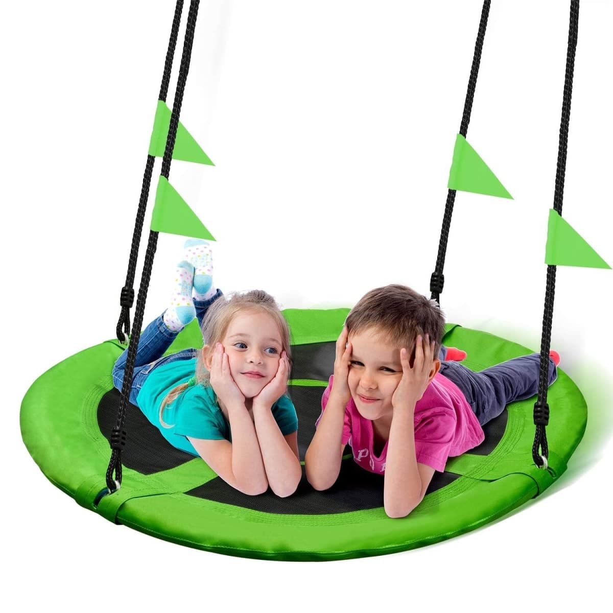PACEARTH 40 Inch Saucer Tree Swing Flying 600lb Weight Capacity 2 Added Hanging Straps Adjustable Multi-Strand Ropes Colorful Safe and Durable Swing Seat for Children-Green