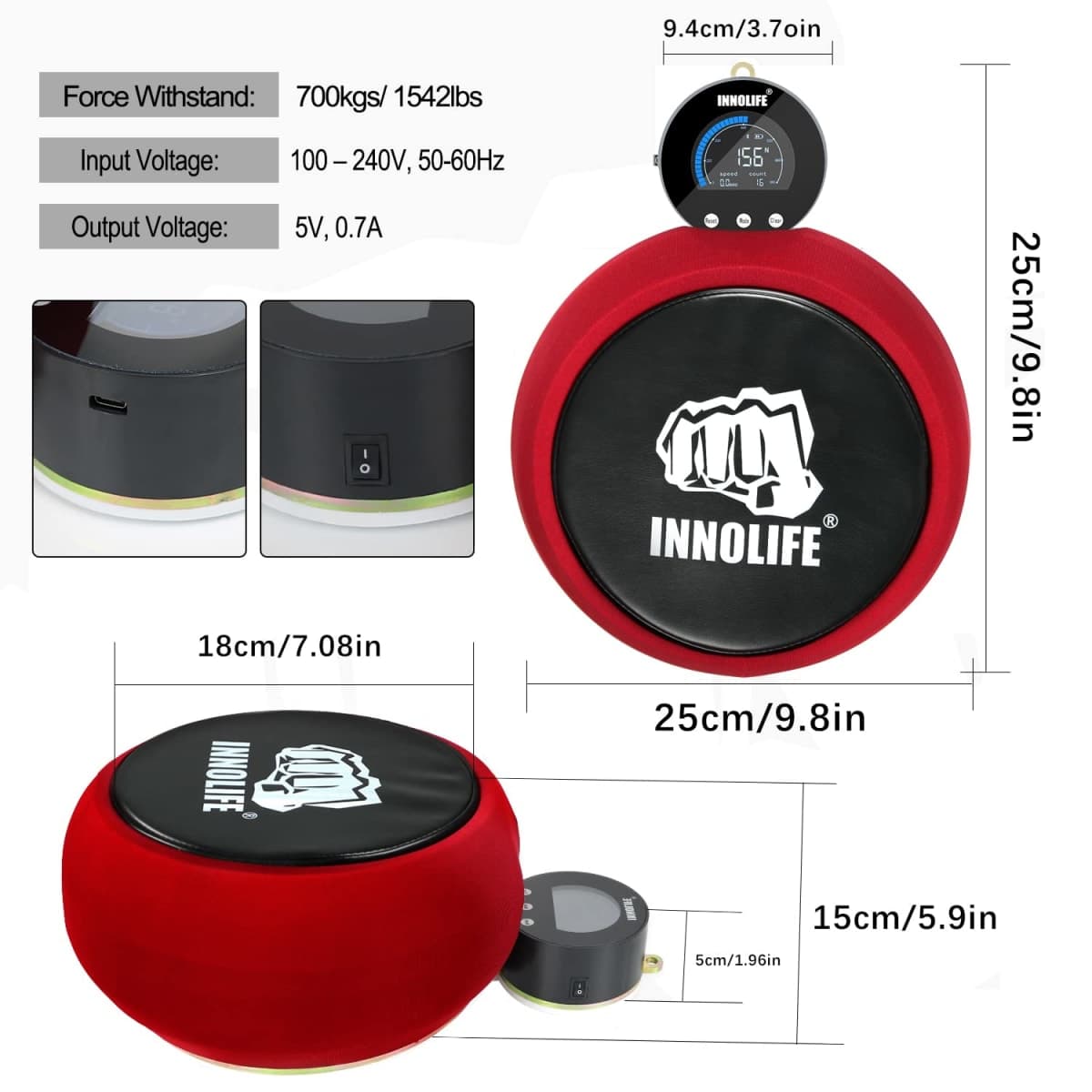 INNOLIFE Professional Boxing Dynamometer – Upgraded High-Precision Punch Power Tracker with 1543 Lbs Capacity, Detachable LCD, & Multi‑Unit Display (kg/lb/N) thumbnail 4