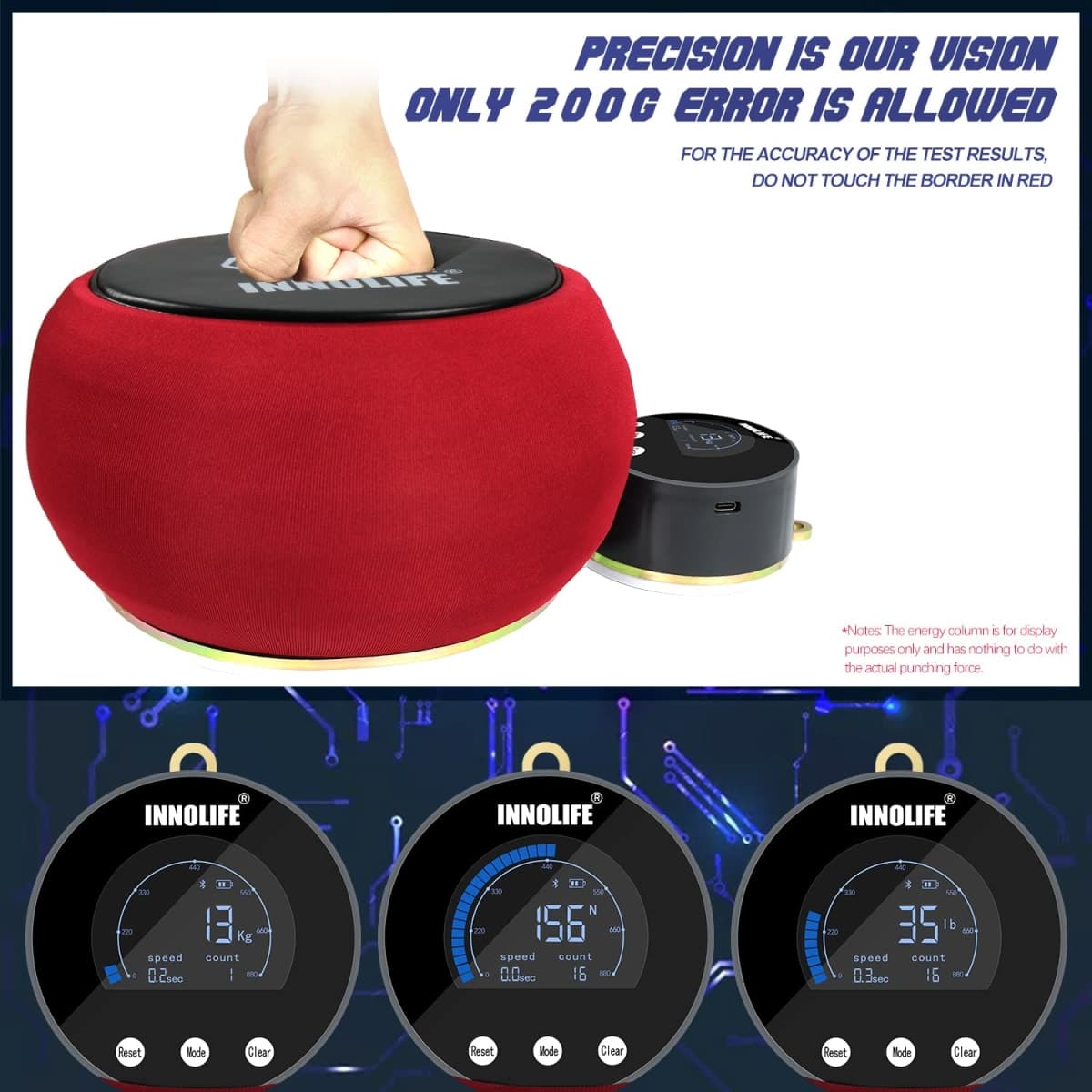 INNOLIFE Professional Boxing Dynamometer – Upgraded High-Precision Punch Power Tracker with 1543 Lbs Capacity, Detachable LCD, & Multi‑Unit Display (kg/lb/N) thumbnail 5