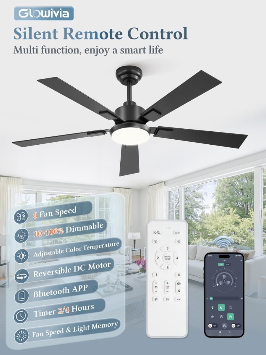 Glowivia 52 Inch Ceiling Fans with 3000-6000K Dimmable Lights and Remote thumbnail 2