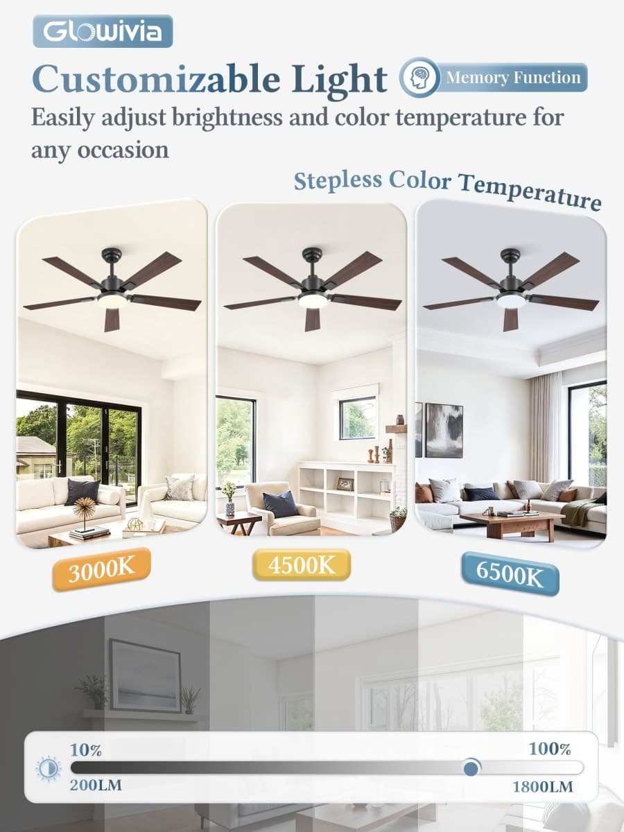 Glowivia 52 Inch Ceiling Fans with 3000-6000K Dimmable Lights and Remote thumbnail 4