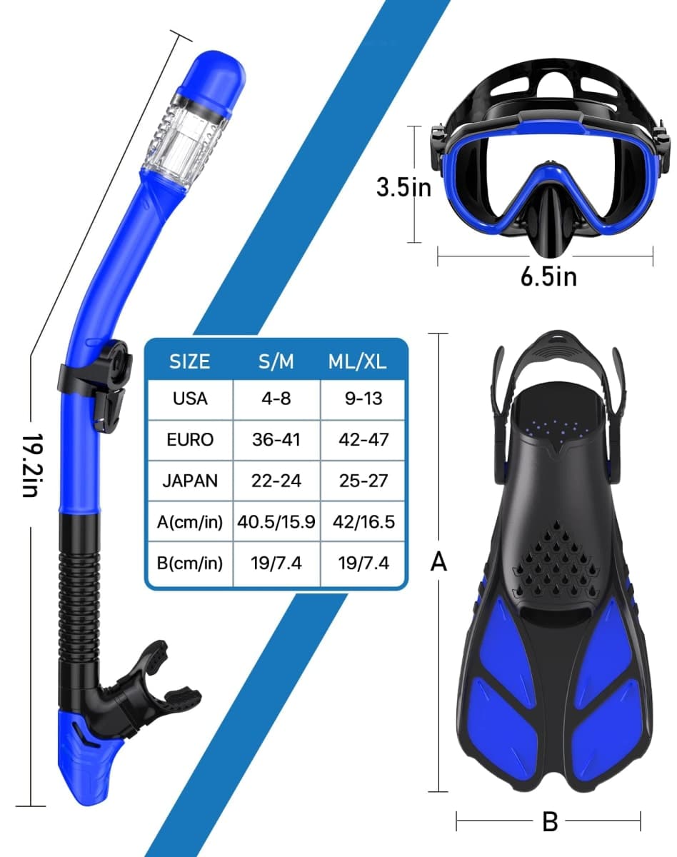 Ubekezele Snorkel Set Adult 4 in 1 Set Mask Fins Dry Top Blue L/XL thumbnail 3
