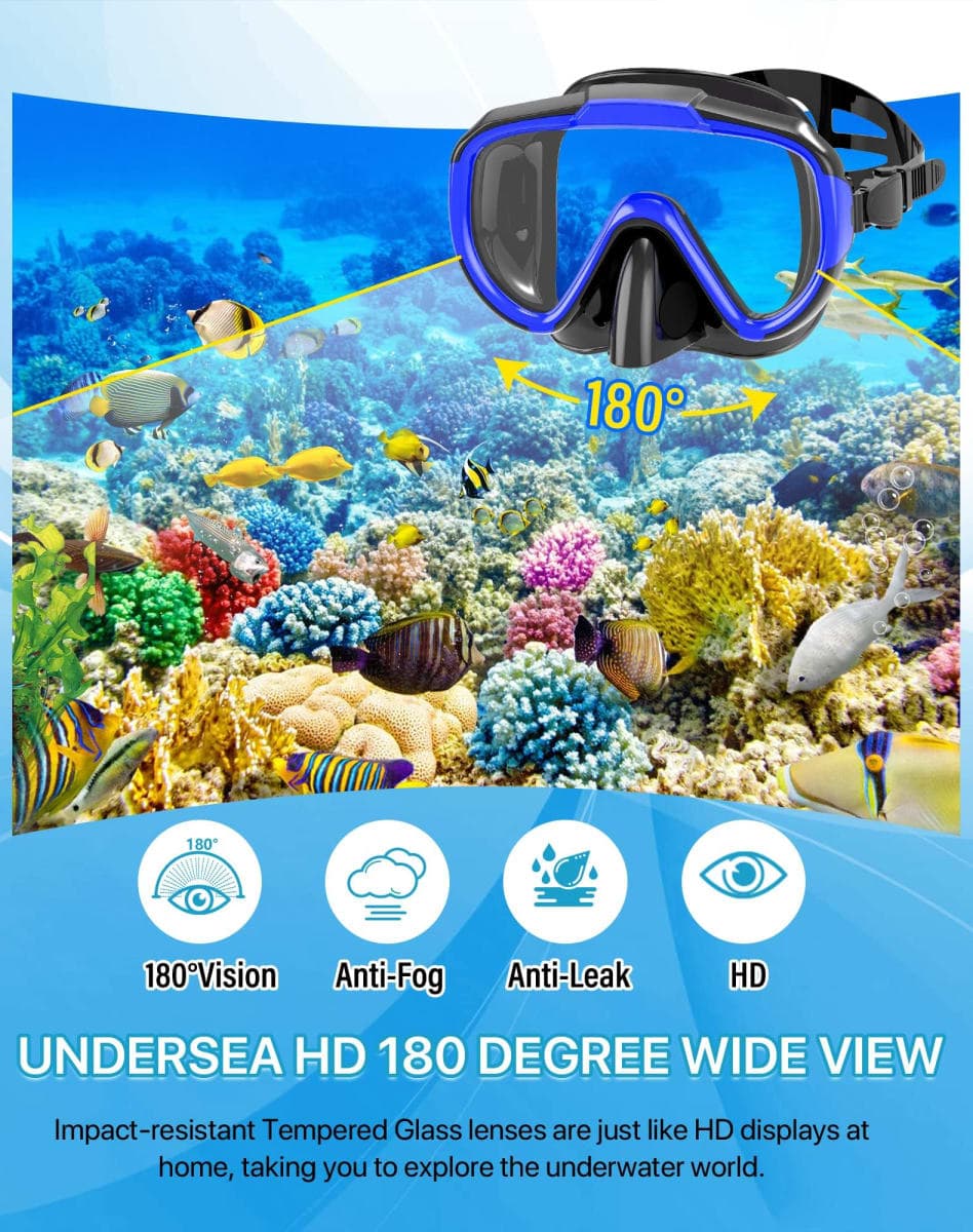 Ubekezele Snorkel Set Adult 4 in 1 Set Mask Fins Dry Top Blue L/XL thumbnail 4