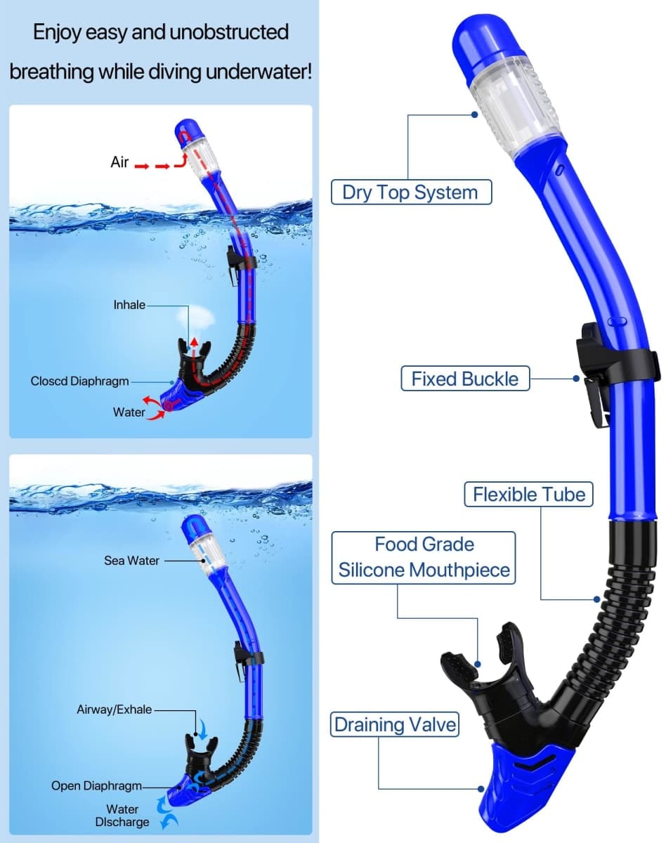 Ubekezele Snorkel Set Adult 4 in 1 Set Mask Fins Dry Top Blue L/XL thumbnail 5