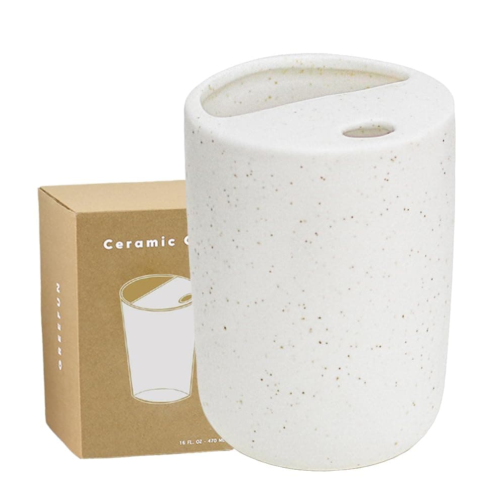 Handmade Ceramic Travel Coffee To Go Tumbler with Half Lid, 17oz Unique Tea Coffee Cup with Sip-top Lid, Speckle White — image 1