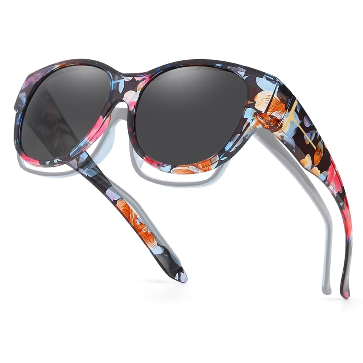 Xfeel Polarized Sunglasses Over Glasses for Women,Fashion Round Frame Wrap Around Sun Glasses UV Protection, A05- Rainbow Flower, Medium
