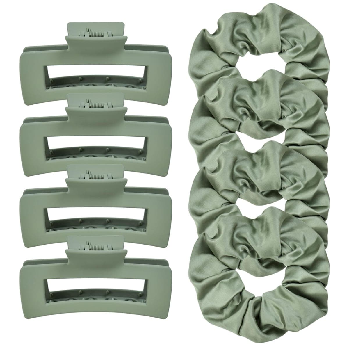 JGQUR Hair Claw Clips and Satin Scrunchies Set for Women – 4 Matte Claw Clips + 4 Large Satin Scrunchies, Hair Accessories for Thick Hair – Cool Green Blend
