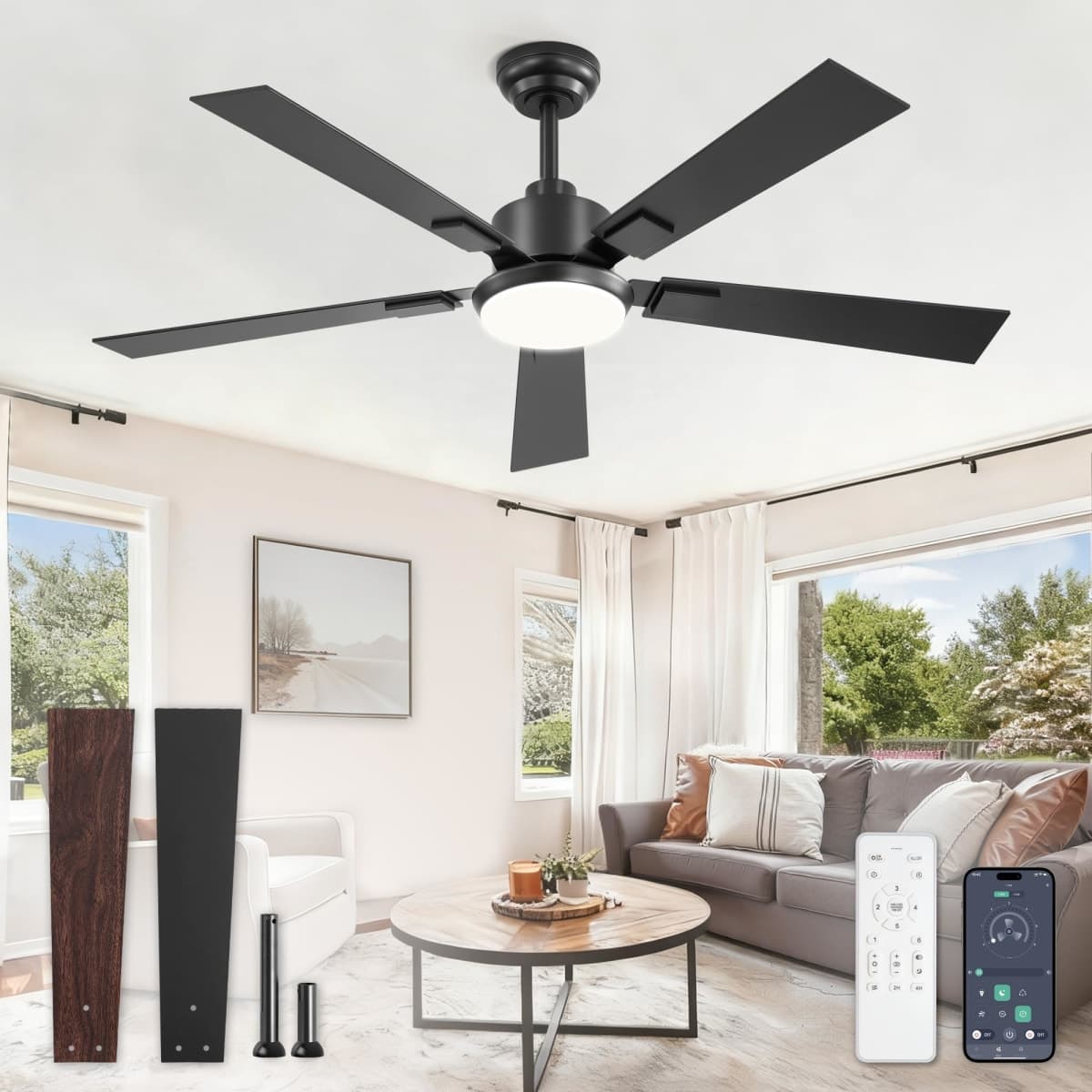 Glowivia 52 Inch Ceiling Fans with 3000-6000K Dimmable Lights and Remote — image 1